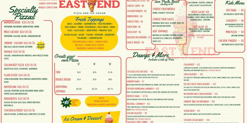 East End Pizza and Ice Cream Menu