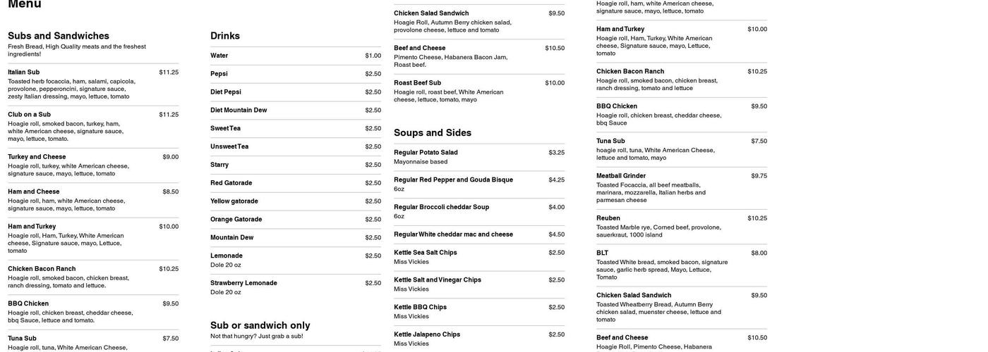 Hometown Hero's Subs Menu