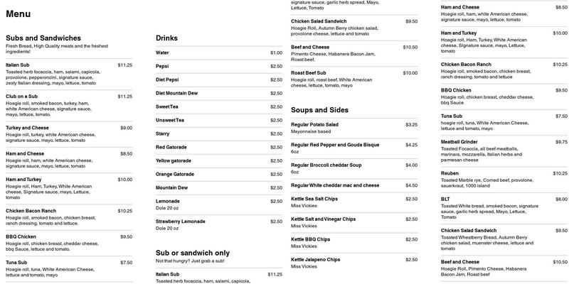 Hometown Hero's Subs Menu