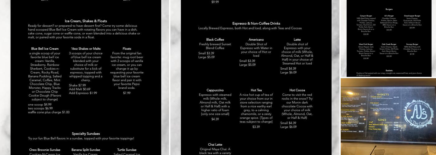 AJ's in the Canyon Menu