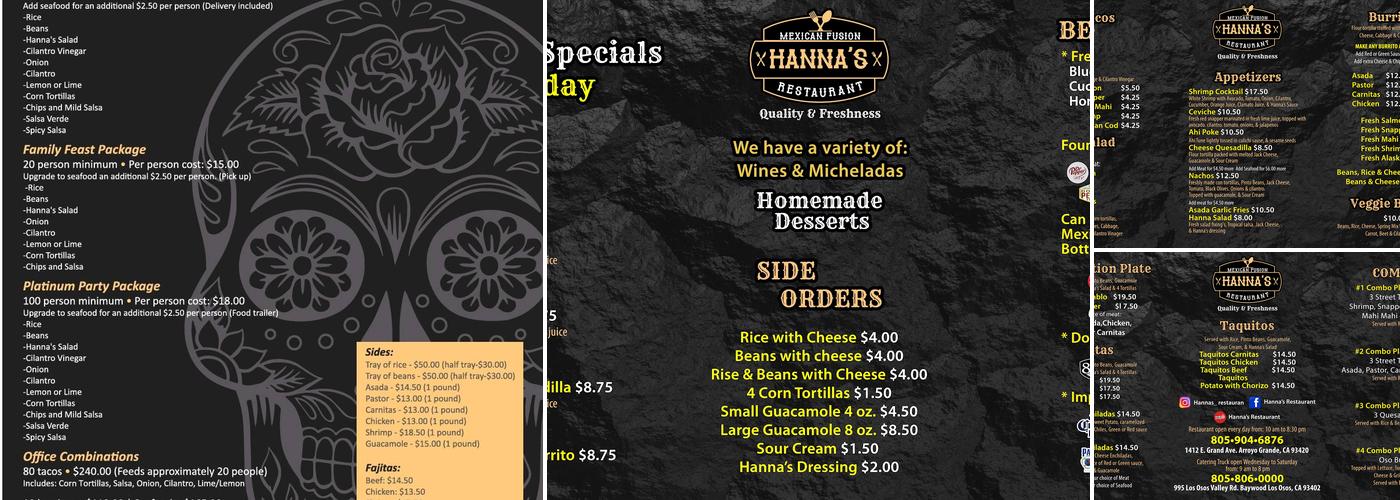 Hanna's Mexican Fusion Restaurant Menu