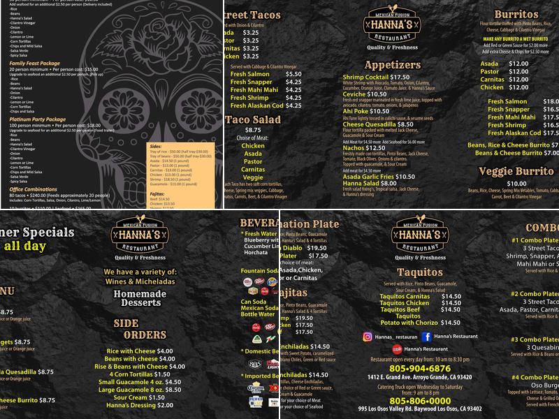 Hanna's Mexican Fusion Restaurant Menu