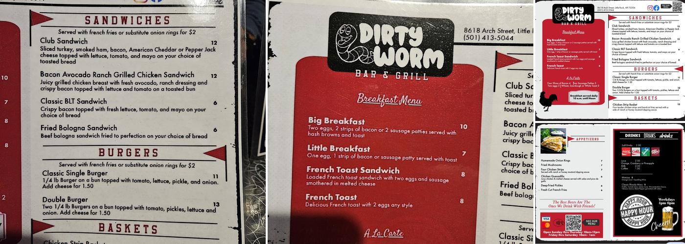 Dirty Worm Bar & Grill Menu
