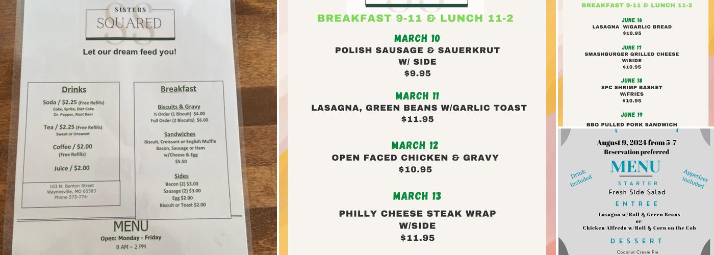 Sisters Squared Menu