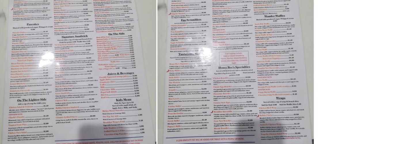 Honey Bee Pancake House Menu