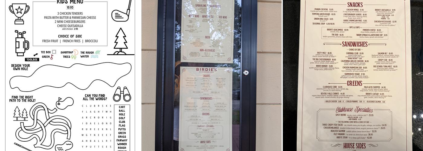 Birdie's at Stanford Golf Menu