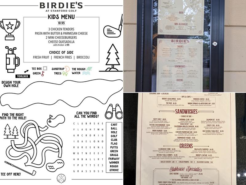 Birdie's at Stanford Golf Menu
