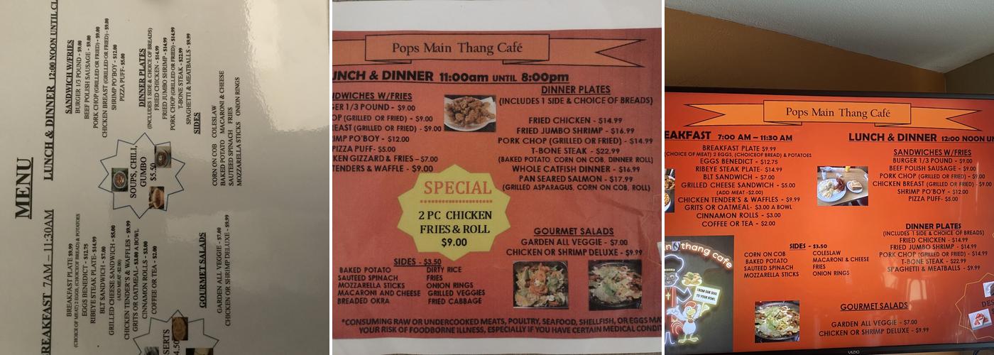 Pops main thang cafe Menu