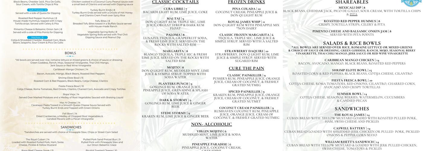 Royal James Rummery Menu