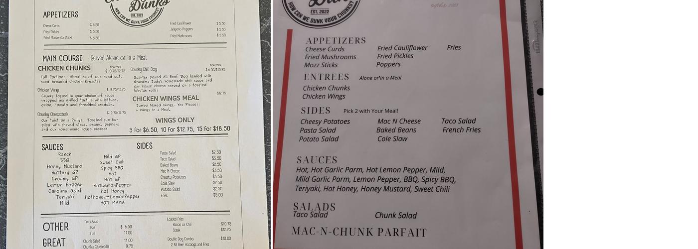Chunky Dunks Menu