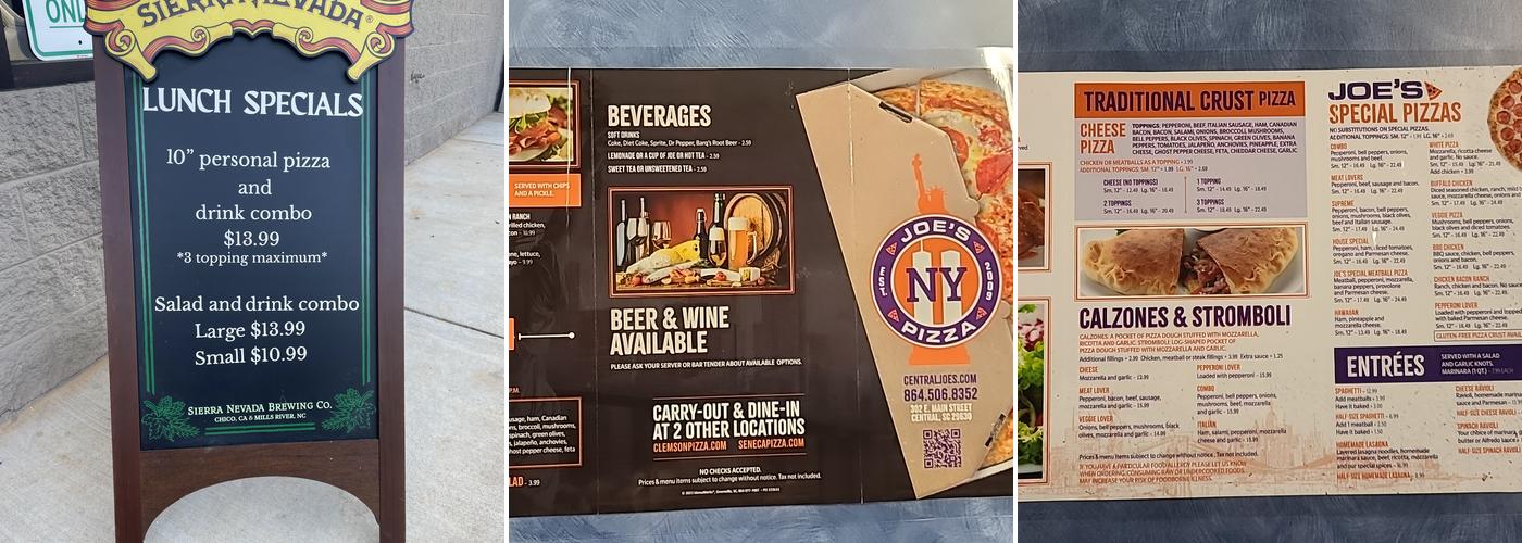Joe's NY Pizza Menu