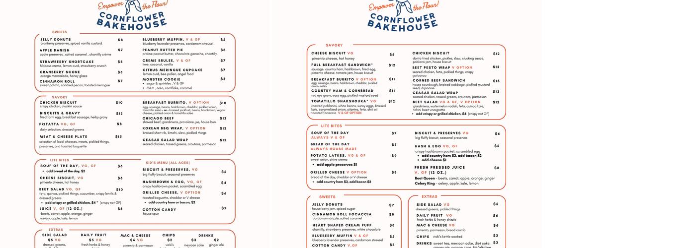 Cornflower Bakehouse Menu