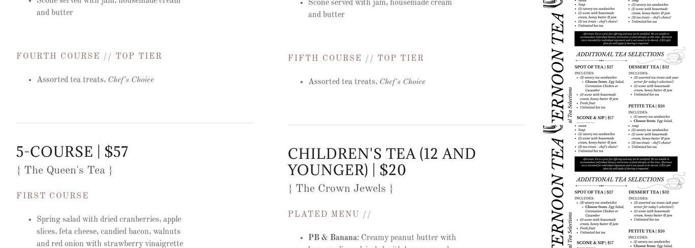 The Royal Tea Room Menu