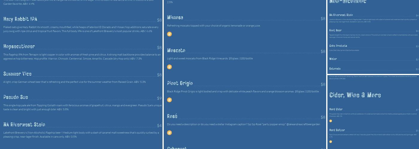 Lake Andrea Beer Garden Menu