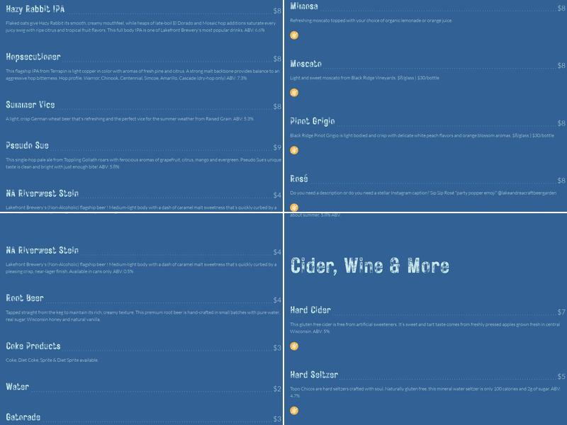 Lake Andrea Beer Garden Menu
