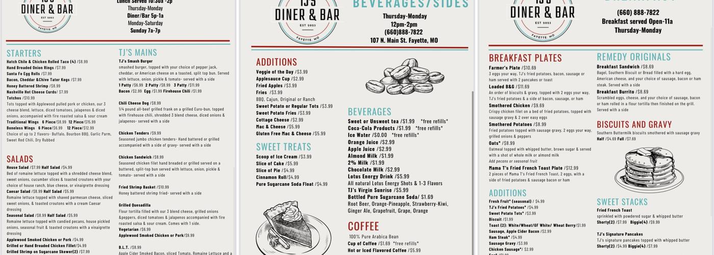 TJ's Diner & Bar Menu