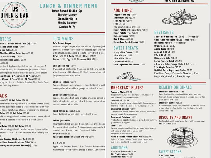 TJ's Diner & Bar Menu