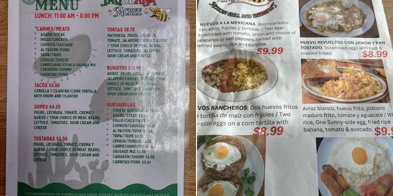Taqueria McBee Menu