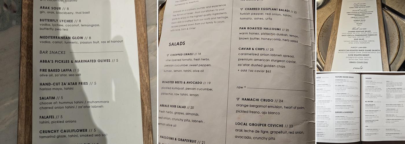 Abbalé Telavivian Kitchen - Aventura Menu