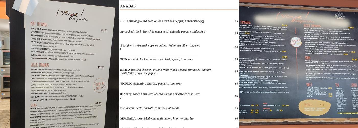 Venga Empanadas Menu