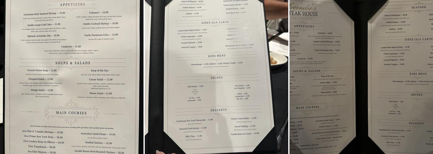 Cornelio's Steak House Menu