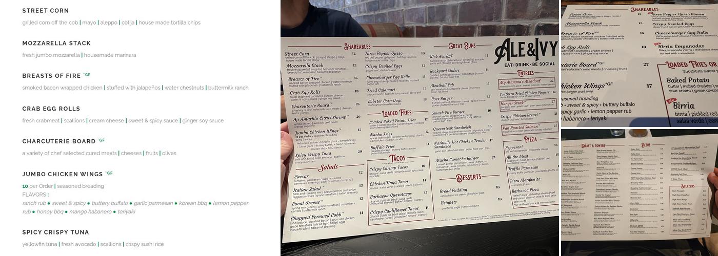 Ale & Ivy Menu