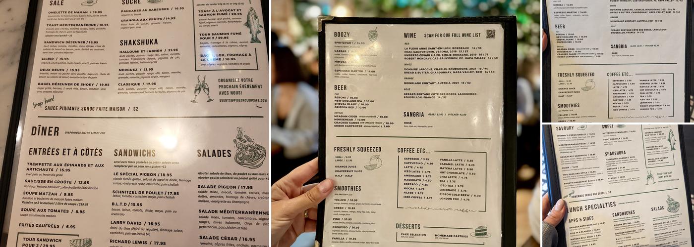 Pigeon Club Cafe Menu