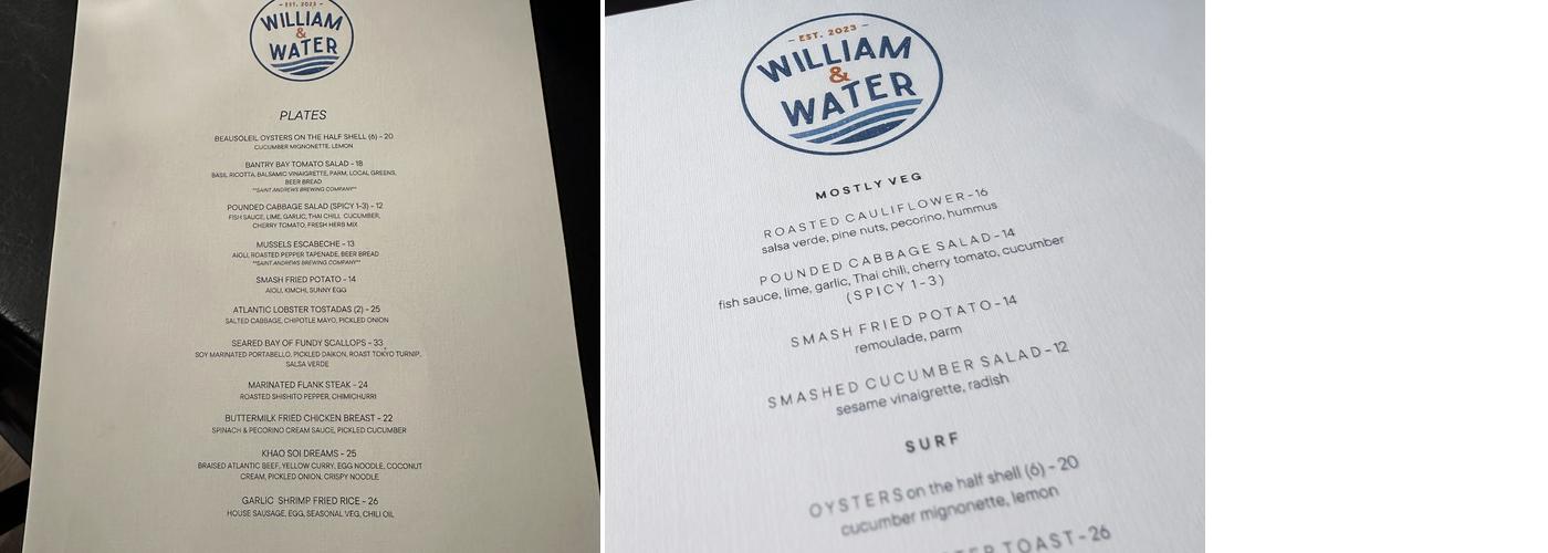 William and Water restaurant and bar Menu