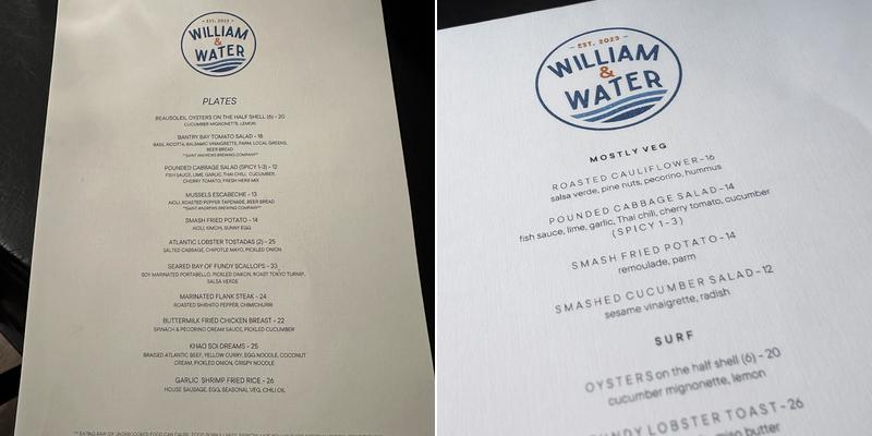 William and Water restaurant and bar Menu