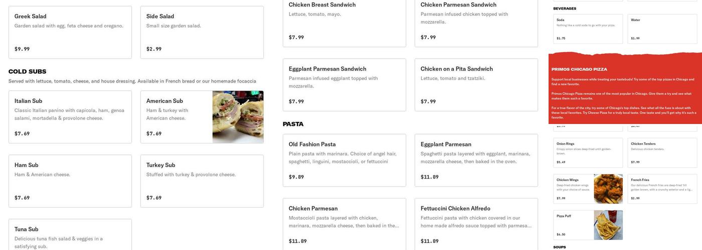 Primos Chicago Pizza Menu