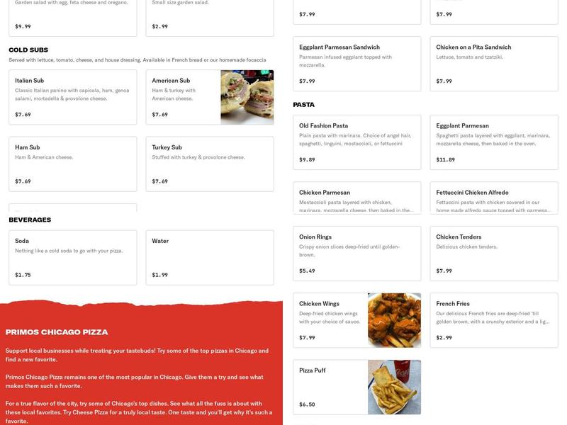 Primos Chicago Pizza Menu