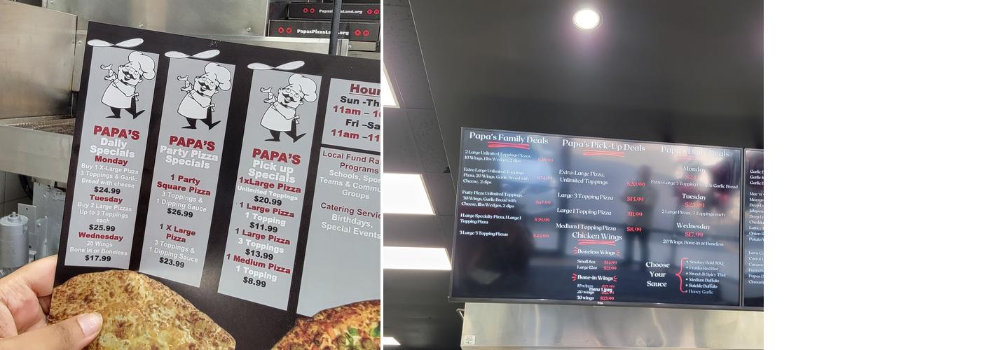 Papas Pizzaland Whitby Menu