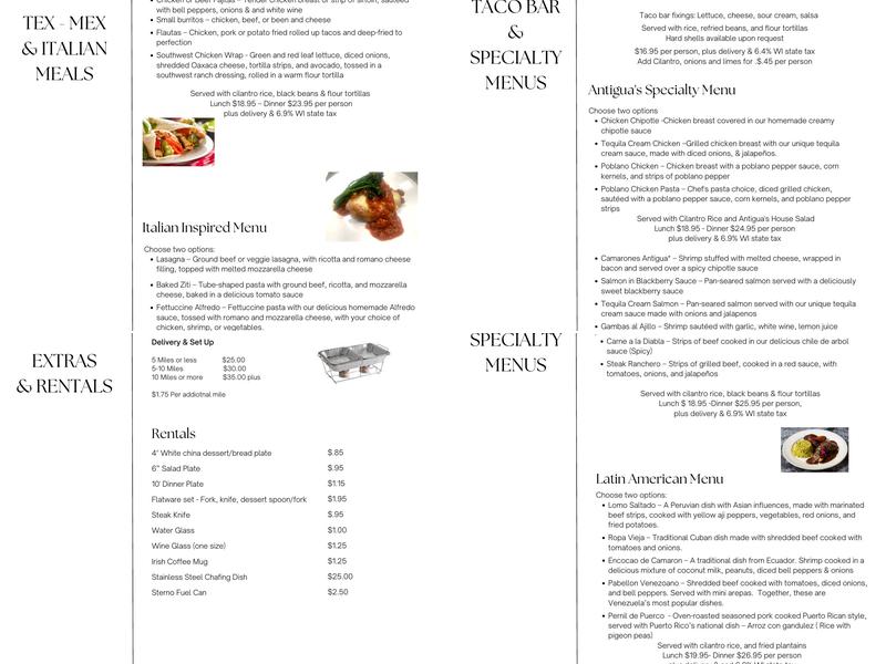 Antigua Catering & Events Menu