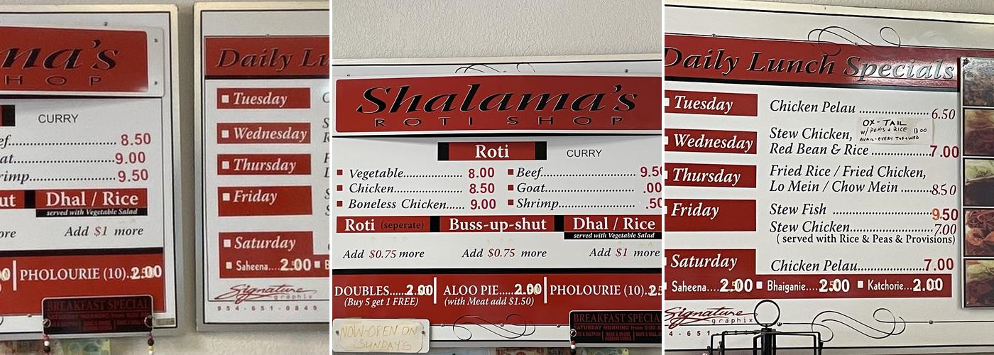 Shalama's Halal Roti Shop Menu