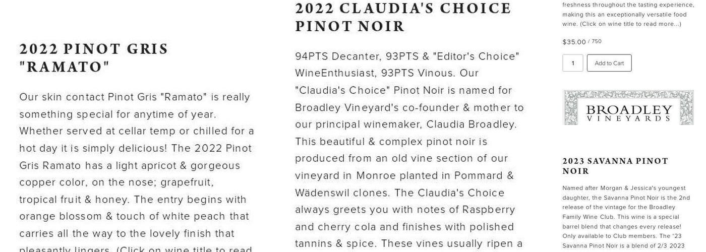 Broadley Vineyards Menu