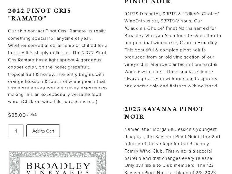 Broadley Vineyards Menu