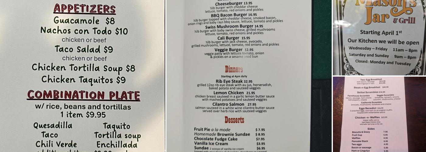 Mason’s Jar and Grill Menu
