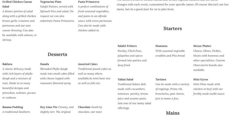 Farah's Foods Menu