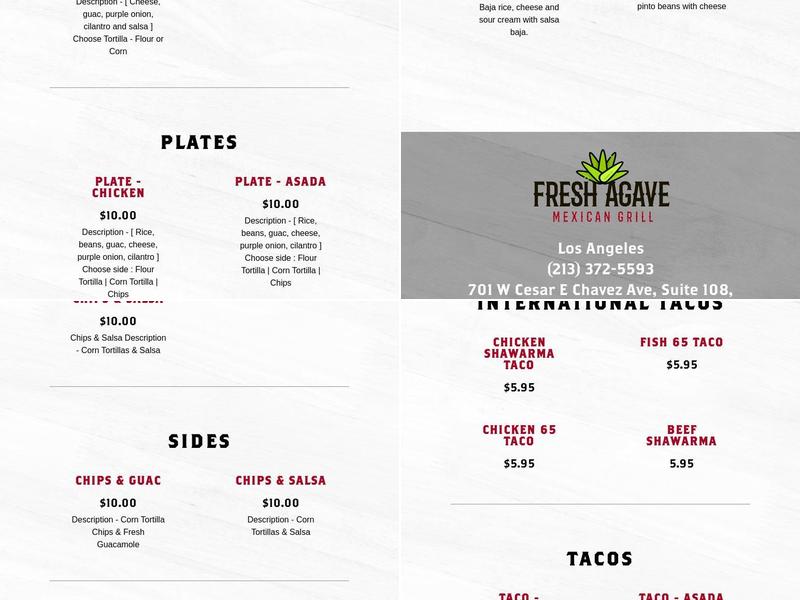 Fresh Agave Menu