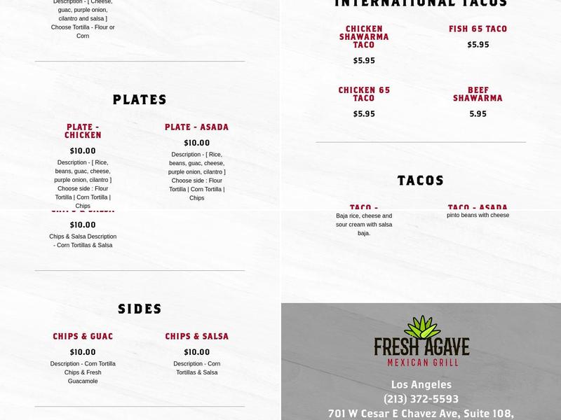 Fresh Agave Menu