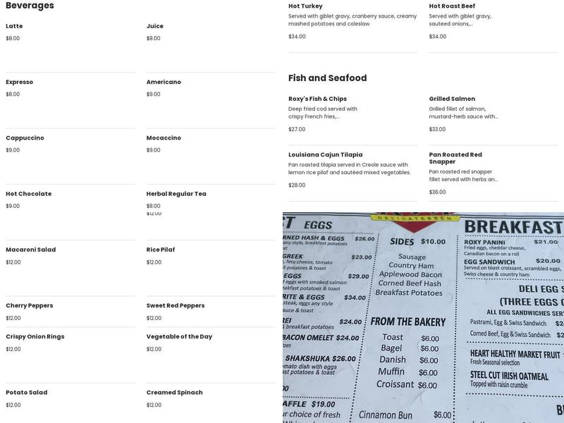 Roxy Delicatessen Menu