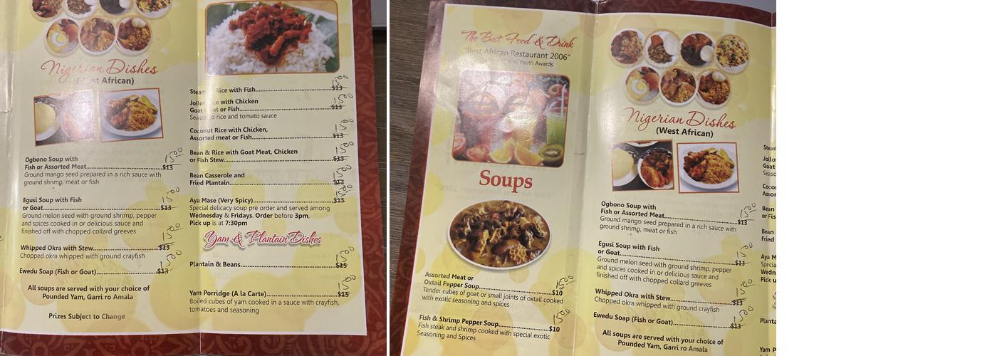 Oaato African Restaurant Menu