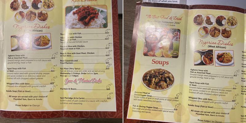 Oaato African Restaurant Menu