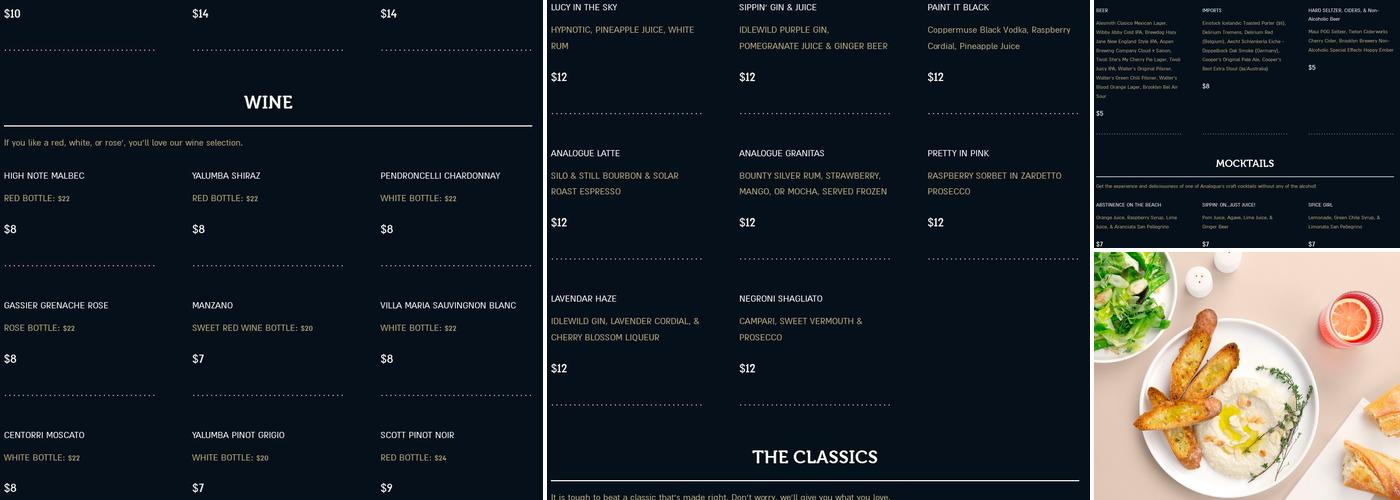 Analogue Bar Menu