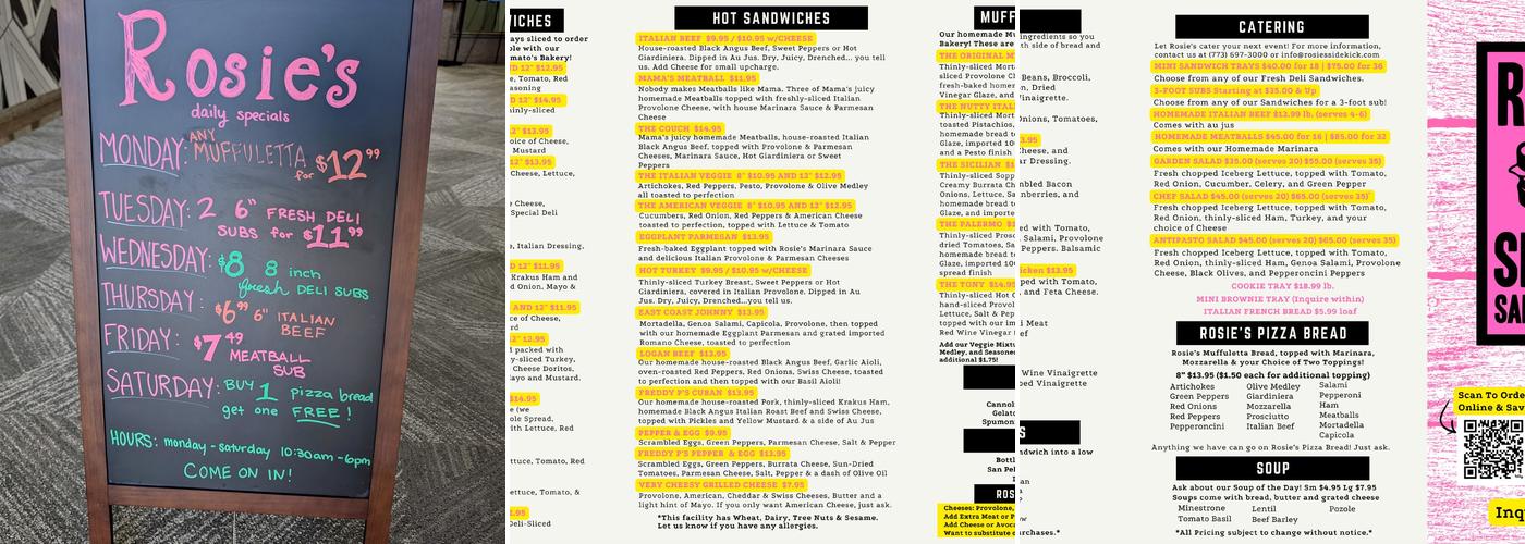 Rosie's Sidekick Sandwich Shop Menu