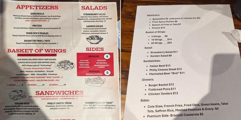 Will Henry's Tavern Menu