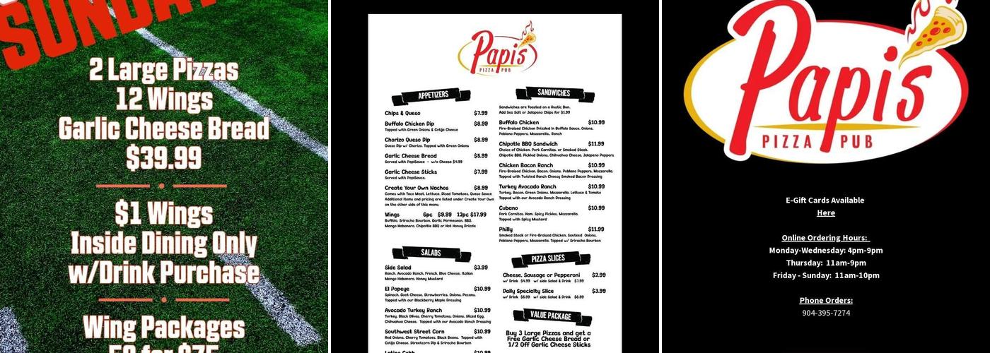 Papi's Pizza Pub Menu