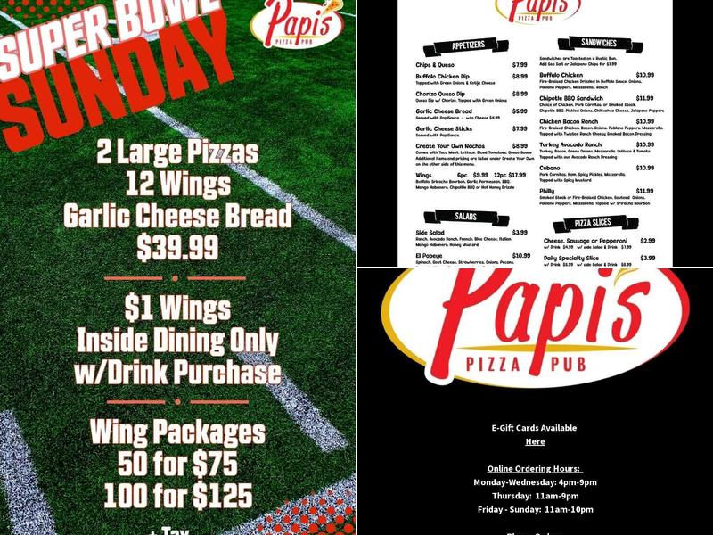 Papi's Pizza Pub Menu