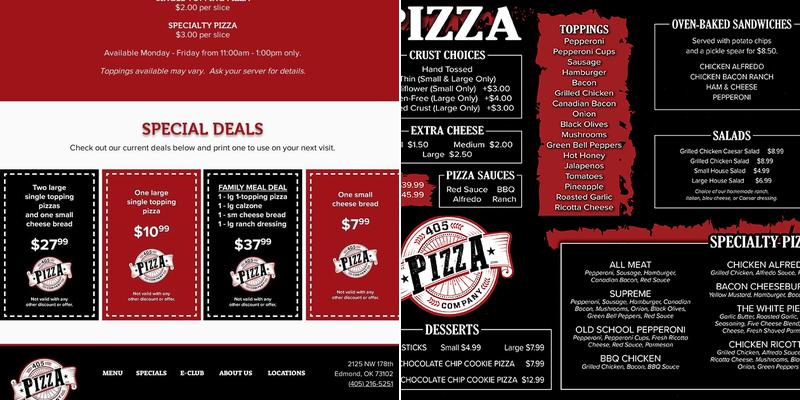405 Pizza Company Yukon Menu