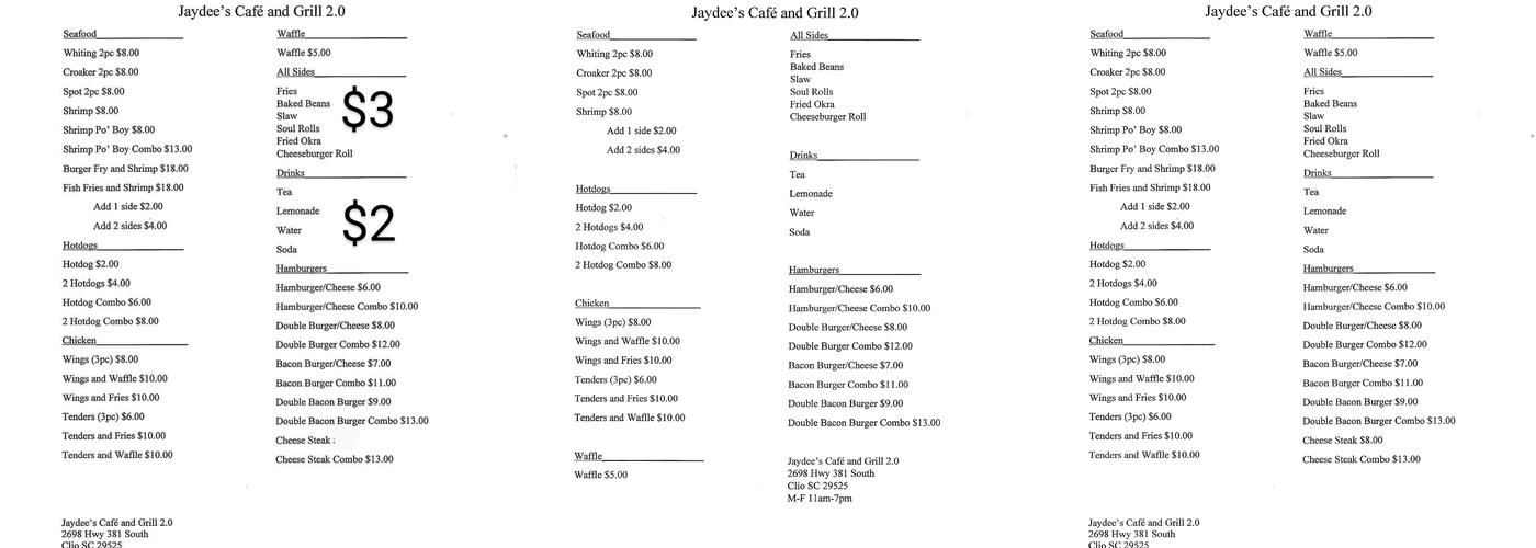 Jaydee's Cafe & Grill 2.0 Menu